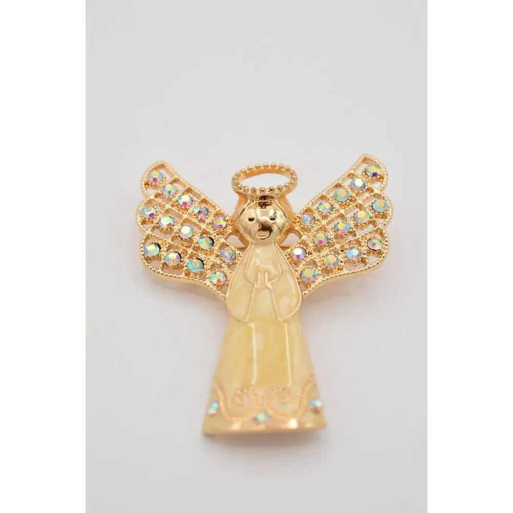 Monet Vintage Crystal Angel Pin Brooch Enamel Gold AB Rhinestone Christmas BinAT